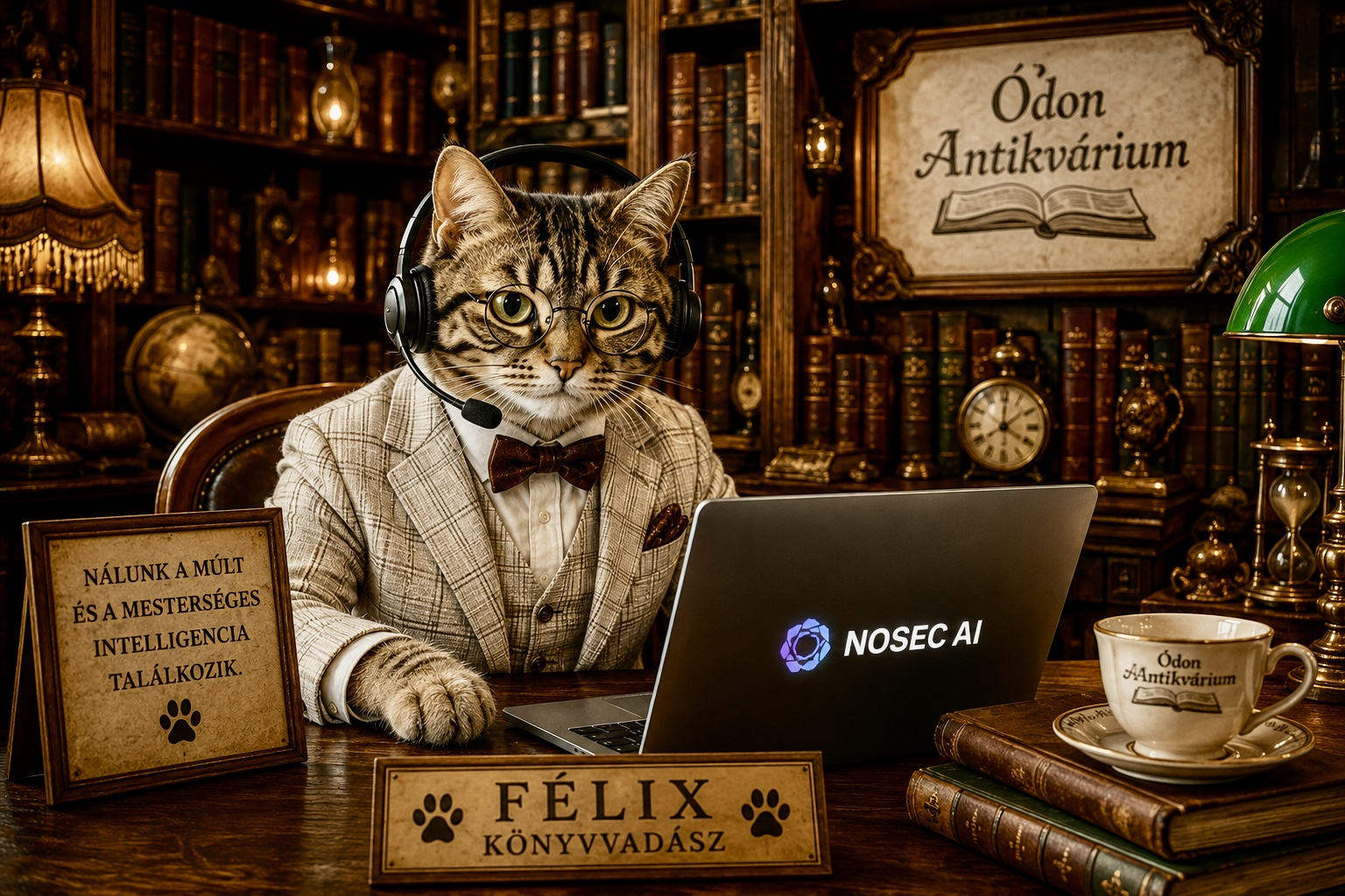 Félix, az Ódon Antikvárium AI könyvvadász macskája