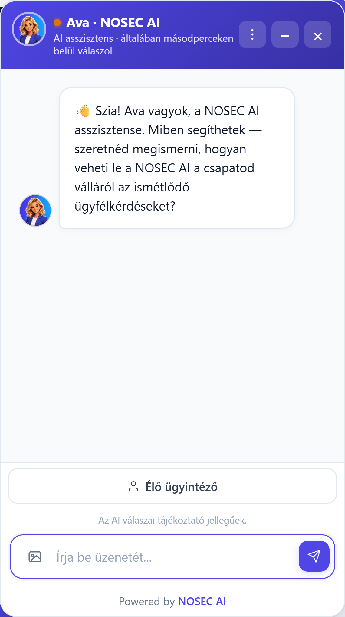 NOSEC AI widget élő beszélgetéssel és valós termékkártyával